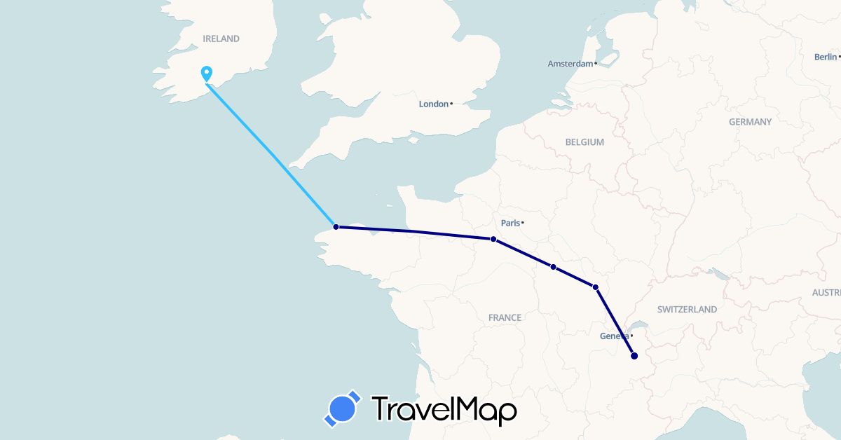 TravelMap itinerary: driving, boat in France, Ireland (Europe)