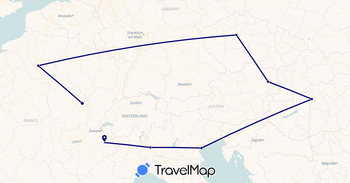 TravelMap itinerary: driving in Austria, Czech Republic, France, Hungary, Italy (Europe)